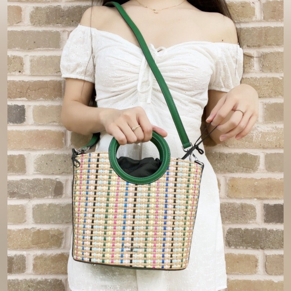 Kate Spade Jena Straw Small Tote green yellow Crossbody Drawstring Bucket Bag